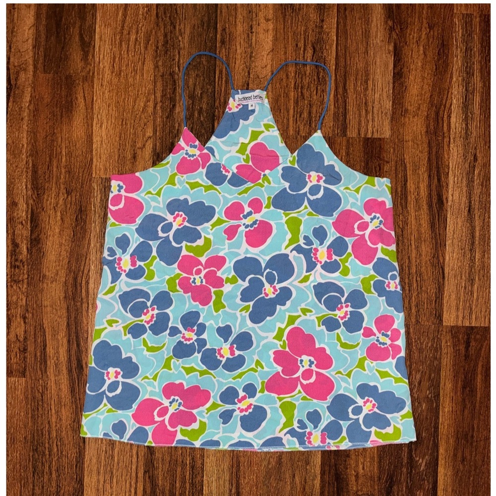 Buckhead Betties Floral Spaghetti Strap Halter Top Blue Pink Green Medium